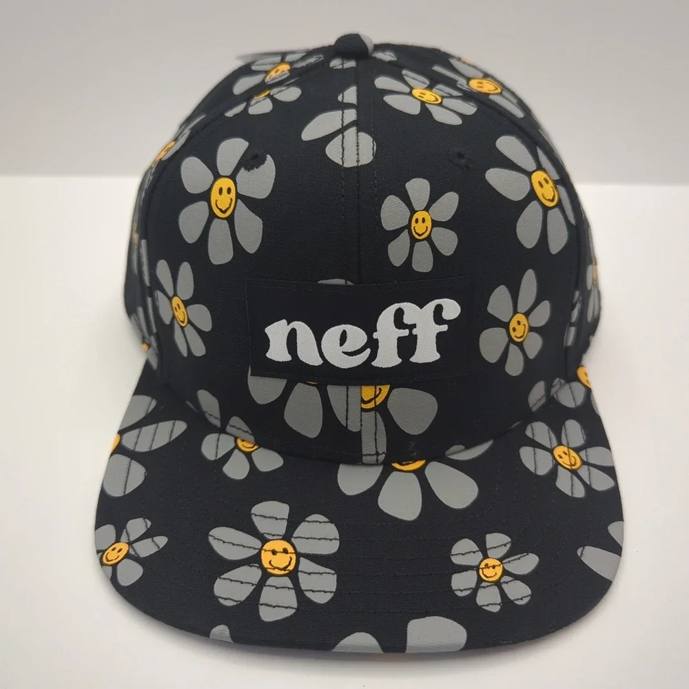 Neff Forever Fun Snapback Hat Black Daisy Smiley Face Floral Print Flat Brim Cap